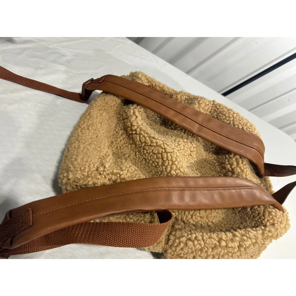 Sonoma Goods for Life Tan Sherpa Fleece‎ Backpack Faux Leather Trim Brown Bag